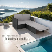 Set de sofá tectake® - Sofá de 2 plazas con taburete y función de cama, pequeño sofá de ratán como mueble de jardín exterior, resistente a la intemperie para salón, balcón y jardín, plegable con cojines impermeables - Negro