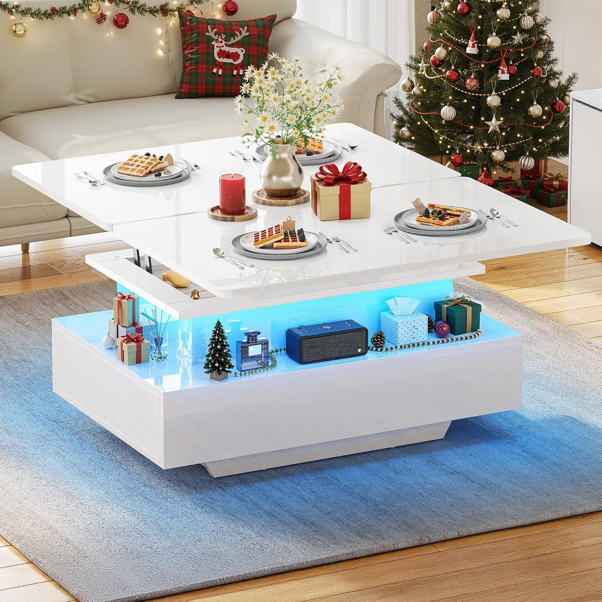 Mesa de centro elevable YITAHOME, mesa de salón de alto brillo con 2 cajones y LED, mesa de centro con compartimento oculto, mesa de café convertible en mesa de comedor