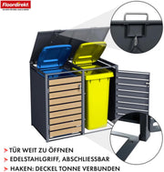 Cubrecontenedores Floordirekt para 2 cubos de basura de 60-240 l - Antracita con decoración de madera - incl. posibilidad de ampliación - revestimiento para cubos de basura, caja de basura para jardín, caseta para cubos de basura, Johann