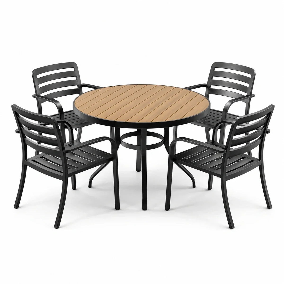 Comedor redondo de aluminio y polywood negro/marrón con 4 sillas