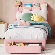 Paquete de 2 bases de cama individual con cajones de almacenamiento y cabecera, tapizadas en terciopelo, perfil bajo, sin ruido, fácil montaje, rosa