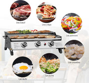 Plancha de gas propano Royal Gourmet de acero inoxidable, 3 quemadores de 7,5 kW, superficie de cocción de 61,5 x 32 cm con rejilla de calentamiento, adecuada para camping y exteriores, plateada