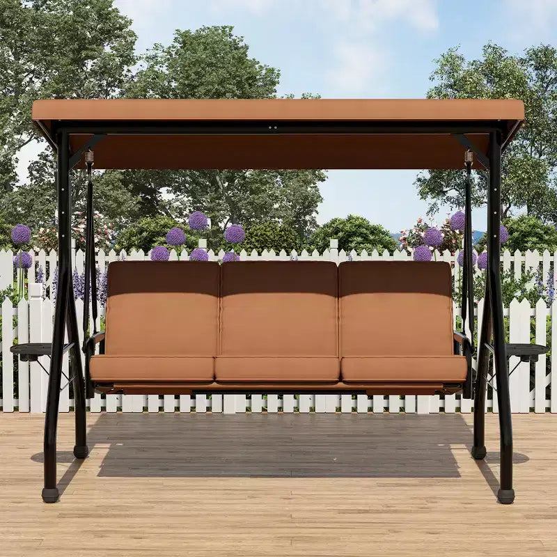 Columpio de porche para exteriores Coolmee de 3 plazas, silla columpio para patio 2 en 1 con cojines extraíbles gruesos y estructura de acero resistente a la intemperie para patio trasero y jardín