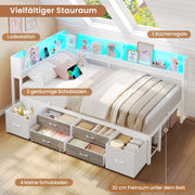 AOGLLATI Cama de 90x200 con almacenamiento, sofá cama con estantería integrada y 6 cajones, cama juvenil con iluminación LED y estación de carga, cama de invitados, diván, estructura de cama con somier (Blanco, 90x200 cm)