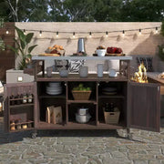 Isla de cocina para exteriores con cubierta de acero inoxidable, carrito de cocina de madera con puertas, estantes y especiero, isla de cocina con ruedas