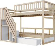 Litera 90x200 para 2 niños, cama alta infantil con escalera, armario de almacenamiento y cajón, cama funcional, litera, cama alta juvenil con 2 somieres, madera maciza, sin colchón, color madera