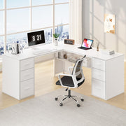 Escritorio en L HSH con cajones, escritorio esquinero para oficina en casa, mesa de ordenador con espacio de almacenamiento y armario, escritorio moderno de metal y madera para despacho, blanco, 150 cm