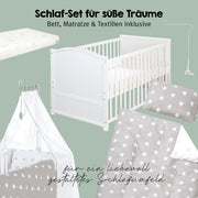 Juego de cuna roba Little Stars 70 x 140 cm, convertible y ajustable en altura, con textiles completos, diseño de estrellas, madera blanca