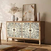 Aparador con almacenamiento, gabinete de almacenamiento con acabado desgastado, 4 puertas talladas y estante ajustable, mueble buffet de madera decorativo