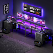 Escritorio en esquina ODK con 4 cajones de tela, escritorio en forma de L reversible de 140x80 cm con 2 enchufes y 2 puertos de carga USB, escritorio gaming en forma de L con LED y soporte para monitor para oficina en casa, negro