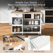 Isla de cocina con encimera plegable, carrito de almacenamiento para cocina con estante extraíble, toallero y cajón, ruedas giratorias