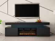Mueble de TV Mirjan24 Serkuzo EF 2D con chimenea eléctrica, práctico mueble para televisión, soporte de TV con apertura sin tiradores, llama LED realista (negro/negro de alto brillo)