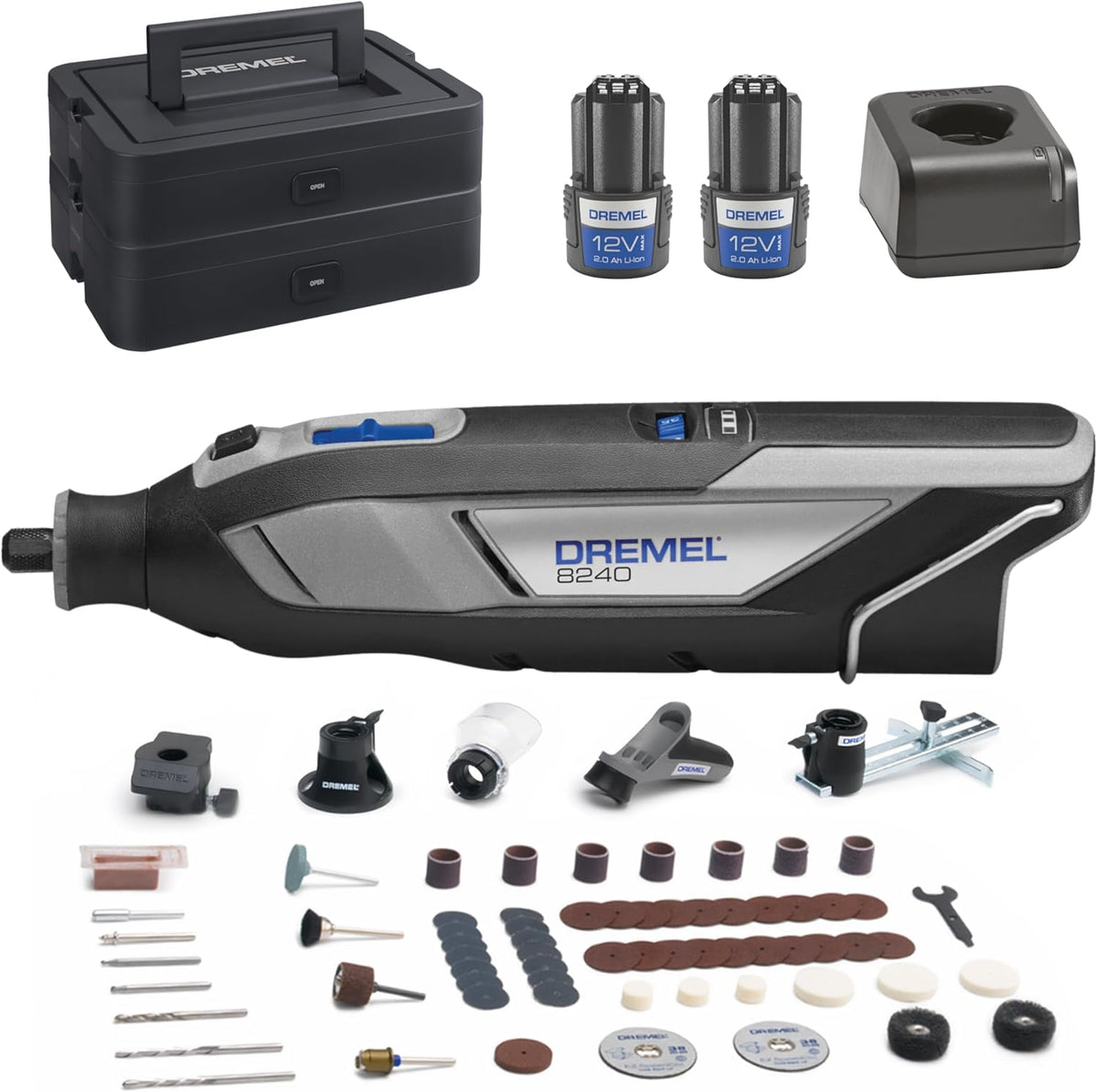 Dremel 8240 Multitool inalámbrico de 12V 2Ah, juego de herramientas multifunción con 2 baterías, 5 complementos y adaptadores, 1 caja Dremel, 65 accesorios para cortar, grabar, lijar, pulir, afilar y taladrar