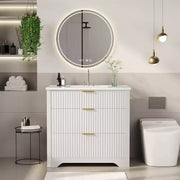Conjunto de tocador de baño moderno estriado con lavabo de cerámica integrado, mueble de baño independiente con 3 cajones para baño contemporáneo