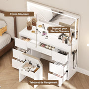 TRIUMPHKEY Tocador con espejo y taburete, mesa de maquillaje con espejo LED de gran formato con brillo ajustable, 7 cajones y toma de corriente, mueble para el hogar, blanco