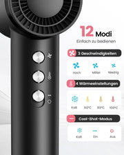 Secador de pelo iónico con motor de alta velocidad de 110.000 rpm, 1600 W, con difusor y 2 boquillas magnéticas