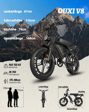 Bicicleta eléctrica OUXI E-Bike con motor de 250 W, Fatbike de 20" x 4.0, frenos de disco hidráulicos, desbloqueo NFC, par de 60 Nm y portaequipajes delantero y trasero