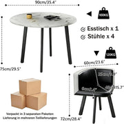 Juego de mesa de comedor y 4 sillas, mesa de comedor redonda de 90 cm y 4 sillas de comedor de piel sintética, ahorro de espacio para cocina, salón, balcón, restaurante, oficina, madera + gris claro, redondo blanco y negro