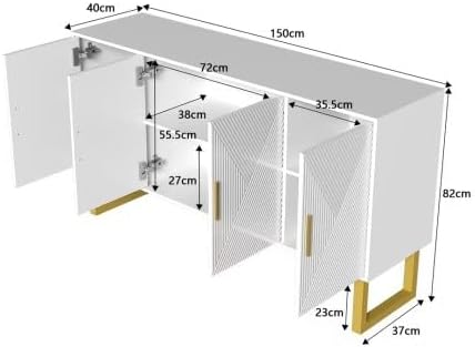 Aparador de salón blanco moderno con 4 puertas texturizadas, frente brillante, tiradores dorados, mueble elegante, 150x40x82 cm