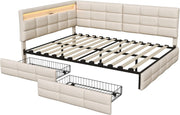 Cama tapizada doble, sofá cama de 140x200 con 2 cajones de almacenamiento, cama juvenil con USB, cama con almacenamiento, cama funcional con somier de láminas, cama infantil con cabecero LED, sin colchón (beige + lino)