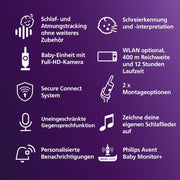 Vigilabebés con vídeo conectado PHILIPS Avent con Wi-Fi, cámara HD de alta calidad, visión nocturna por infrarrojos, detección de llanto, función de comunicación bidireccional, 12 horas de duración de la batería en modo Eco, modelo SCD951/26
