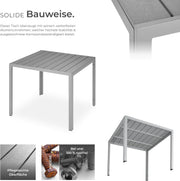 tectake® Mesa de jardín, mesa de comedor para exterior, mesa de balcón con aspecto de madera, mesa de terraza con marco de aluminio, muebles de jardín resistentes a la intemperie, 90x90x74,5 cm, mesa para jardín, salón, conjunto de asientos - Plata