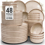 Juego de vajilla de gres para 12 personas, rústico, 48 piezas, GANADOR DEL TEST, vajilla de gres de alta calidad estilo casa de campo, juego de cuencos y platos, vajilla de mesa para 12 personas, juegos de vajilla Pure Living en beige