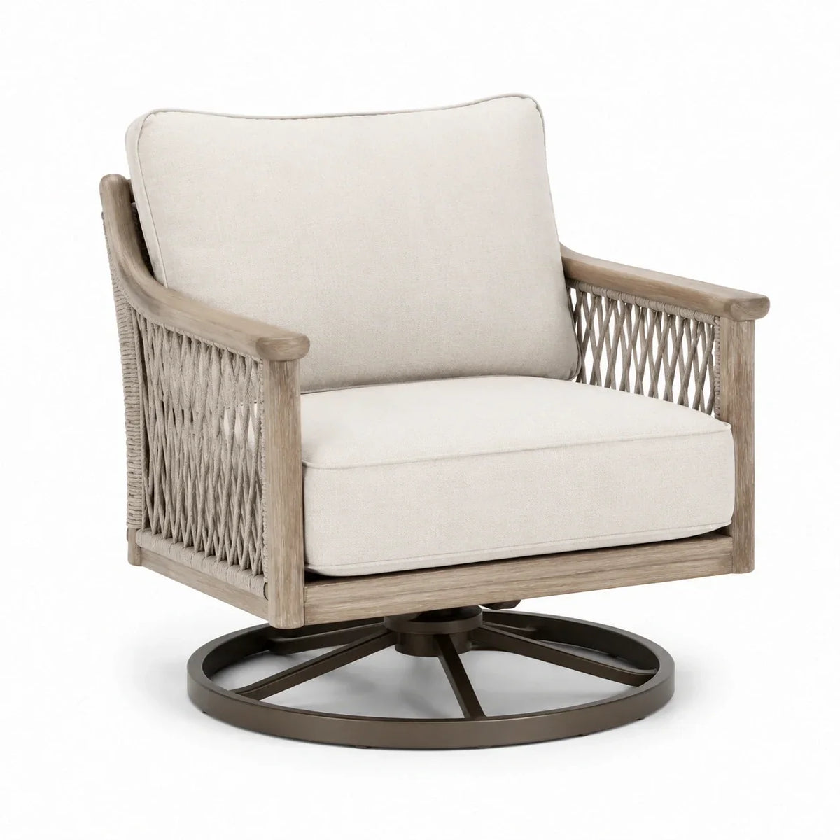 Sillón giratorio de madera de roble con hilo de poliéster y acero con recubrimiento en polvo, beige