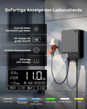 Wallbox 11kW, App, Tipo 2 7,5m, trifásica 400V, negro, soporte de cable, RCD Tipo A 30mA AC/6mA DC, IP54, §14a EnWG
