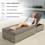 Tumbona de jardín RS Trade resistente a la intemperie de ratán sintético con ruedas – Tumbona de exterior de ratán con respaldo ajustable en varias posiciones para jardín, terraza, balcón y piscina, gris con cojín gris