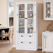 Alacena de cocina estilo granja con puertas de vidrio, armario de almacenamiento de 72 pulgadas con cajones y estantes ajustables para comedor, baño y sala de estar