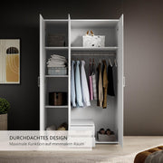Stella Trading KARL Armario elegante de 3 puertas con gran espacio de almacenamiento - Armario versátil de puertas batientes en color blanco con puerta de espejo - 120 x 195 x 55 cm (ancho/alto/fondo)
