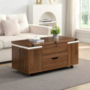 Mesa de centro elevable moderna multifuncional Zeus & Ruta con almacenamiento oculto, 4 taburetes y ruedas, perfecta para espacios modernos