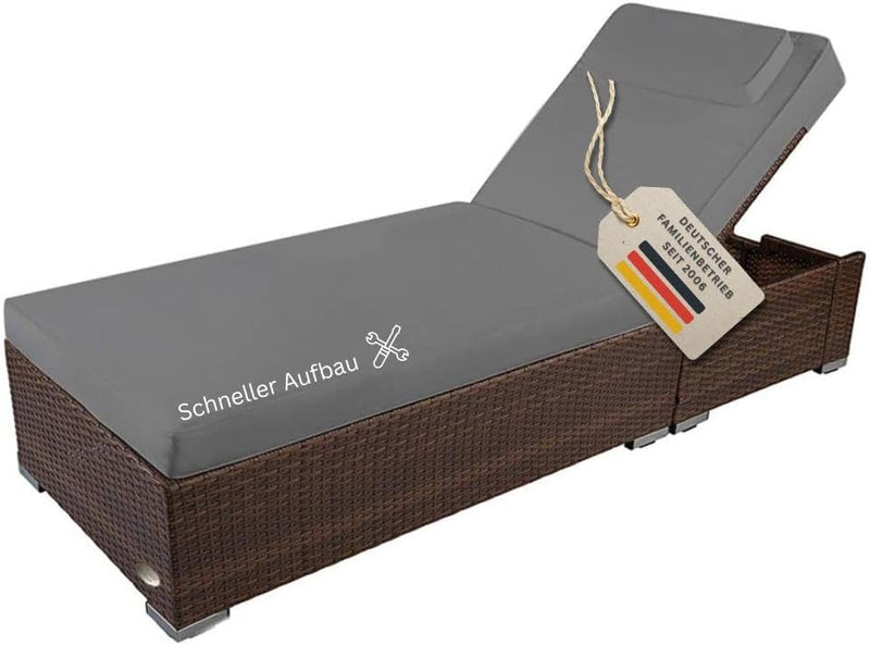 Tumbona de jardín RS Trade resistente a la intemperie de ratán sintético con ruedas – Tumbona de exterior de ratán con respaldo ajustable en varias posiciones para jardín, terraza, balcón y piscina, marrón con cojín gris