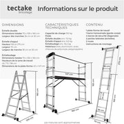 tectake® Escalera multifunción 3 en 1, andamio rodante de acero, plataforma de trabajo antideslizante, escalera telescópica, escalera plegable, escalera de mano, bricolaje, pintura, techado