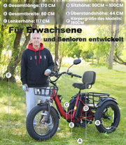 Triciclo eléctrico para adultos KAKIGO, neumáticos anchos de 20"x4", bicicleta eléctrica plegable de aluminio, motor de 250W, 95 Nm, batería de 48V 15.6Ah, 20 km/h, cesta delantera y trasera, diferencial, 90 km de autonomía