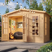 TIMBELA Caseta de jardín de madera de 6 m2 - Cobertizo de jardín exterior con suelo, ventana, puerta doble - Cabaña de jardín para trabajar en casa - con tejas bituminosas verde M334FB+H334FBGREEN