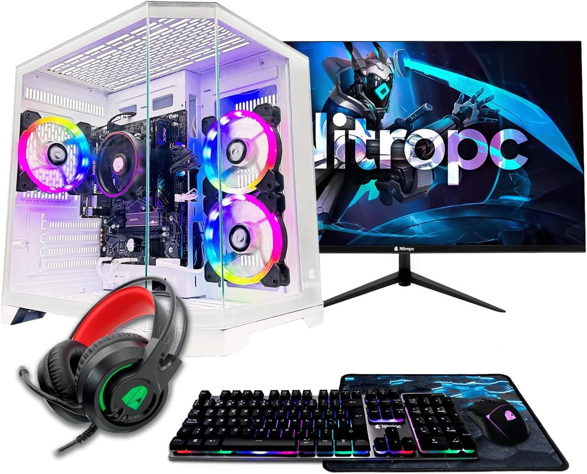 NitroPC - Pack Bronze Plus | PC Gaming Completo (AMD Ryzen 5 5655G 6/12 4,6 GHz, RX Vega 7, RAM 16 GB, M.2 1 TB, Windows 11 Pro, RGB | WiFi, monitor 24", teclado, ratón, auriculares) PC de sobremesa (Blanco)