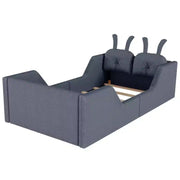 Cama plataforma doble Whisen, cama de suelo tapizada para niños con cojín de conejo, barandillas laterales extraíbles