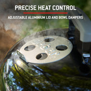 Barbacoa de carbón Weber Original Kettle Premium/Tapa y cuba vitrificadas, superficie de cocción de 57 cm, sistema de limpieza One-Touch, termómetro en la tapa, soporte de tres patas y ruedas, negro
