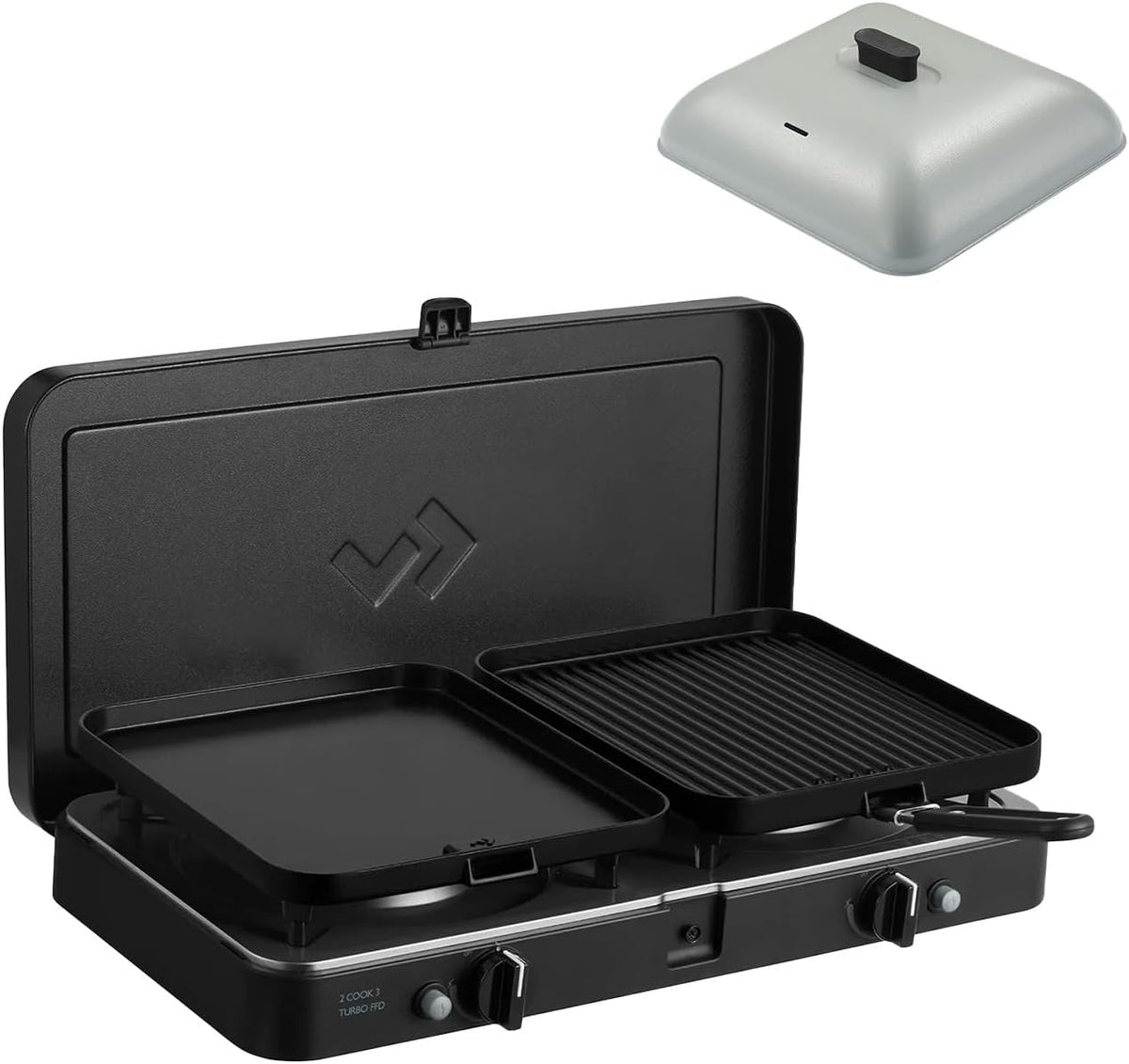 CADAC - 2 Cook 3 Turbo Deluxe y cúpula de parrilla universal - Barbacoa de gas de sobremesa con 2 quemadores y tapa de aluminio - Set de barbacoa para camping al aire libre con encendido piezoeléctrico y dispositivo de fallo de llama - 50mBar