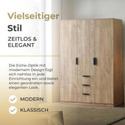[en.casa] Armario Eiselfing, armario con 3 puertas, ropero 176 x 120 x 52 cm, armario de dormitorio, 2 barras para ropa, 4 compartimentos, 3 cajones, aspecto de roble