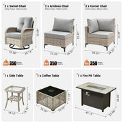 Conjunto de 9 piezas de sillas giratorias de mimbre para exteriores OVIOS con mesa de fuego