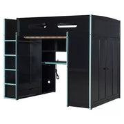 Cama alta matrimonial Merax con escritorio, armario, luces LED RGB y puerto de carga USB, elegante estructura negra con espacio de almacenamiento múltiple para amantes de los videojuegos