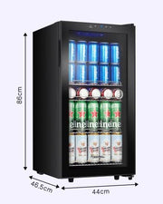 Refrigerador de bebidas Kalamera, nevera para cerveza con panel de control táctil, zona de refrigeración de 3-18 °C, refrigerador de botellas de 86 litros, iluminación interior LED azul, 41 dB, KRC-86GE