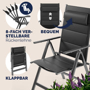 Juego de 4 sillas de jardín plegables Casaria®, acolchadas, de aluminio, ajustables en 8 posiciones, capacidad de carga de 120 kg, resistentes a la intemperie, para exterior, balcón, camping, con respaldo alto.