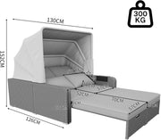 Sofá lounge de ratán sintético, sofá de jardín de dos plazas con función reclinable, tumbona de jardín con toldo extraíble, sofá lounge tipo cama de día con cojines, gris