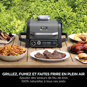 Barbacoa eléctrica Ninja Woodfire, parrilla, ahumador y freidora de aire, barbacoa de exterior 7 en 1, parrilla, freidora de aire, ahumar, asar, horno, resistente a la intemperie, antiadherente, portátil, gris/negro OG701EU