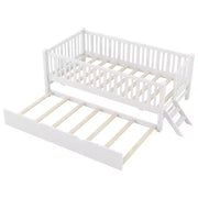Estructura de cama individual con nido y barandilla, cama de plataforma de perfil bajo con escaleras para niños y niñas