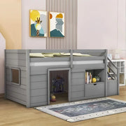 Cama alta baja de madera maciza con cajón y escalera, tamaño individual